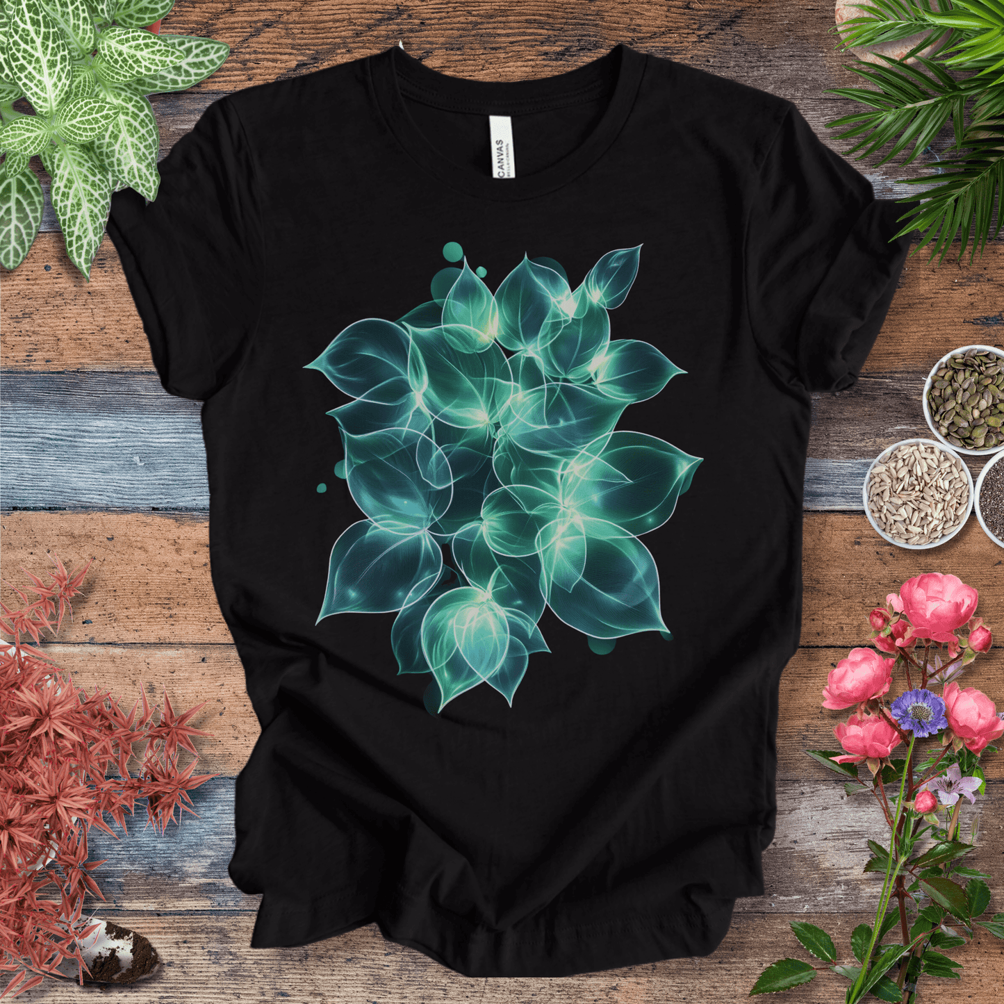 Printify T-Shirt Black Heather / S Ethereal Glowing Leaves Botanical Nature Lover T-Shirt