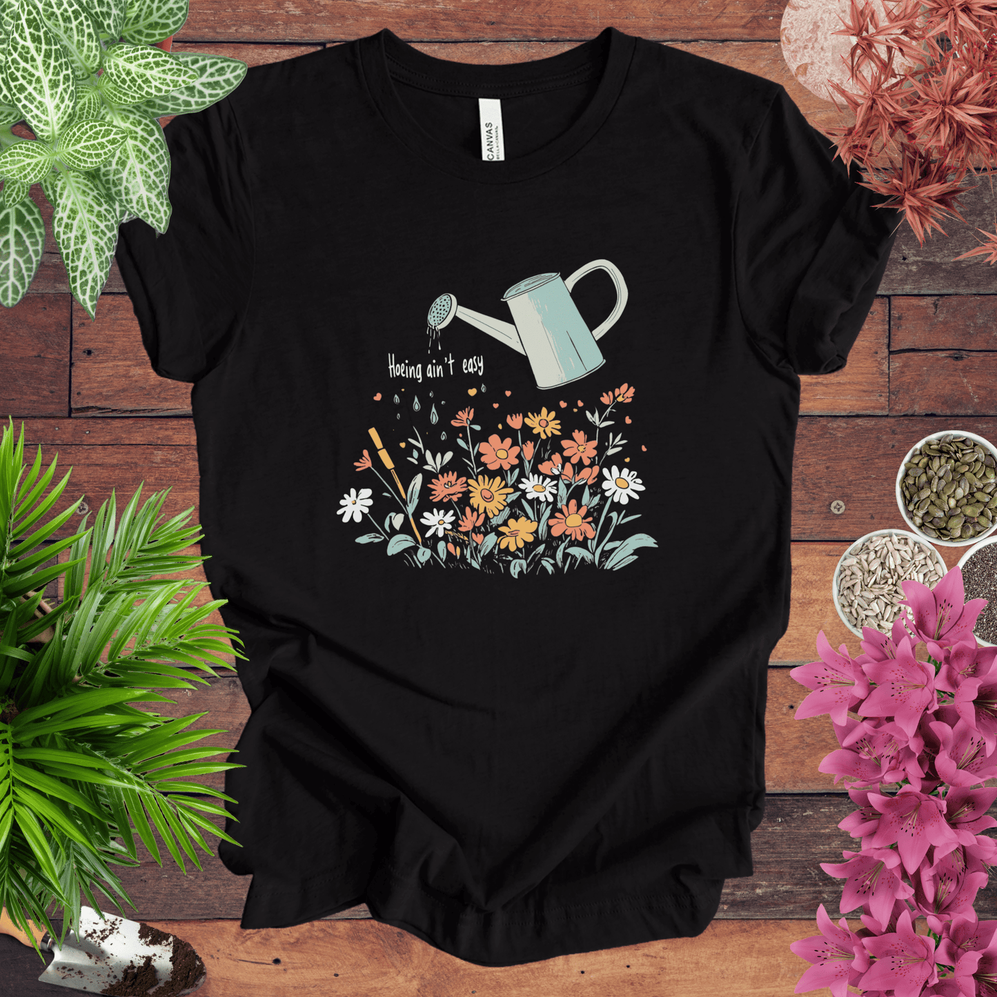 Printify T-Shirt Black Heather / S Hoeing Ain’t Easy Floral Watering Can T-Shirt