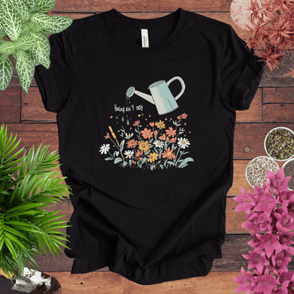 Printify T-Shirt Black Heather / S Hoeing Ain’t Easy Floral Watering Can T-Shirt