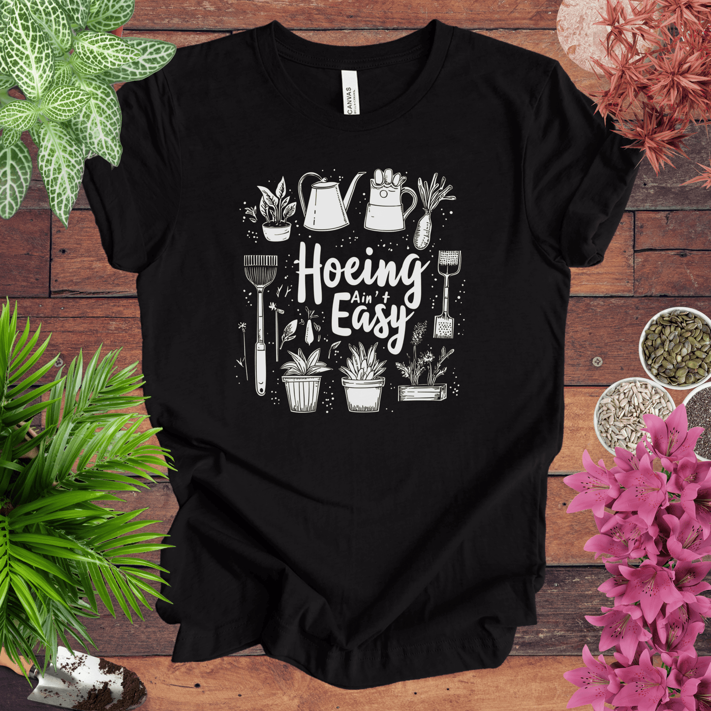 Printify T-Shirt Black Heather / S Hoeing Ain’t Easy Gardening Tools T-Shirt