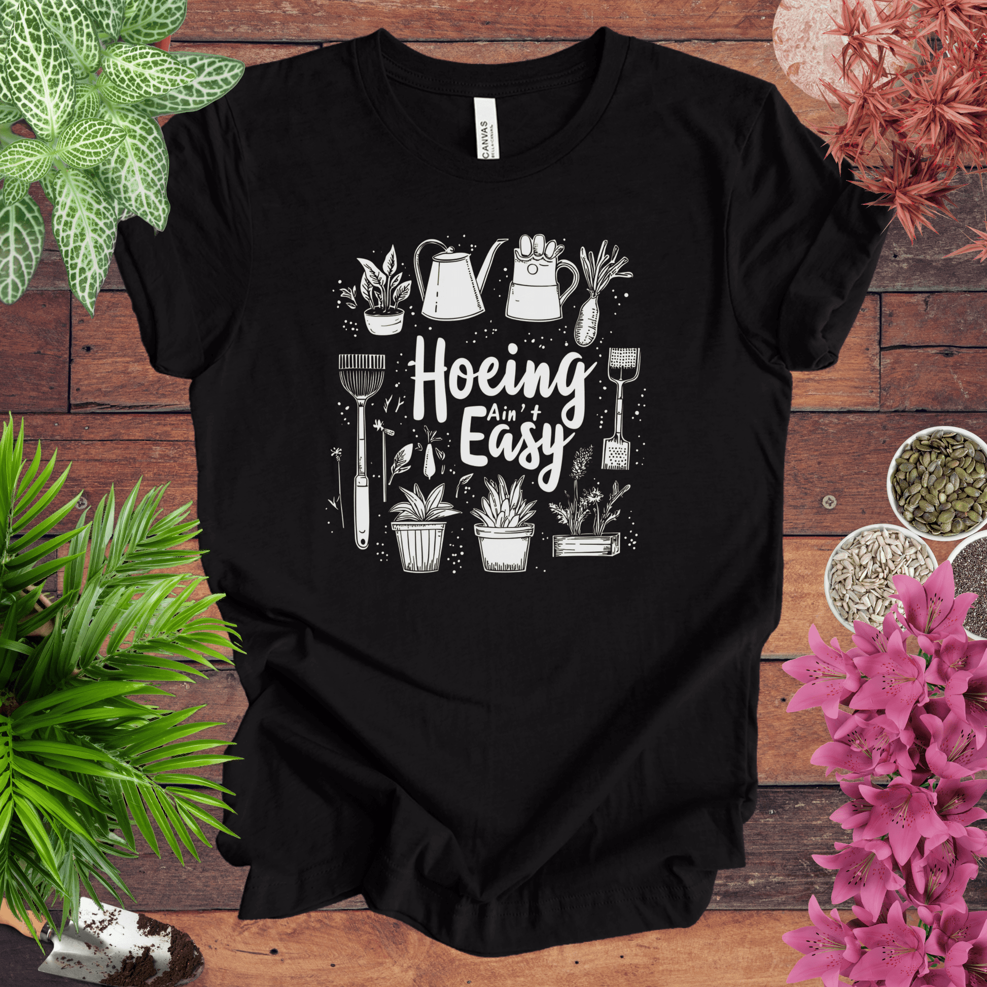Printify T-Shirt Black Heather / S Hoeing Ain’t Easy Gardening Tools T-Shirt