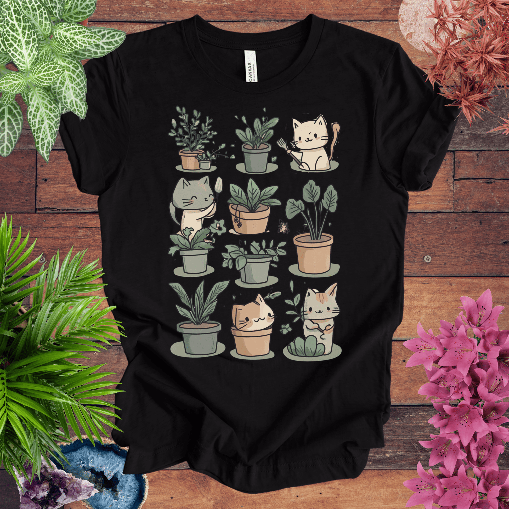 Printify T-Shirt Black Heather / S Mischievous Kitties Garden Helpers T-Shirt