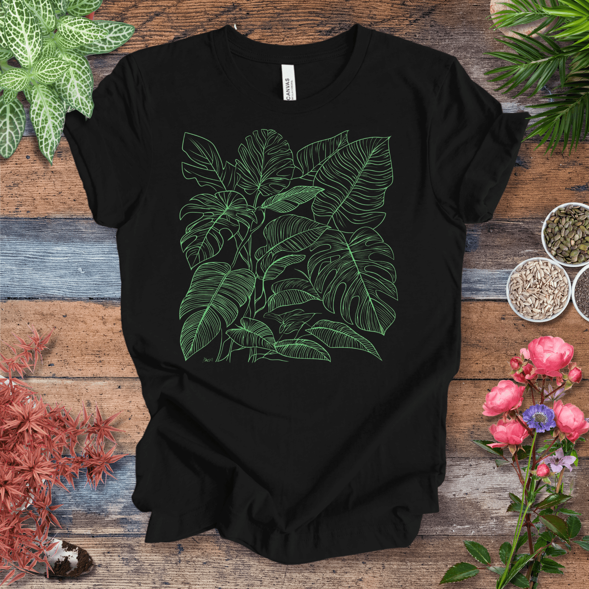 Printify T-Shirt Black Heather / S Monstera Jungle Line-Art T-Shirt – Neon Green Tropical Leaves Graphic Tee | Botanical Streetwear, Houseplant Lover Gift