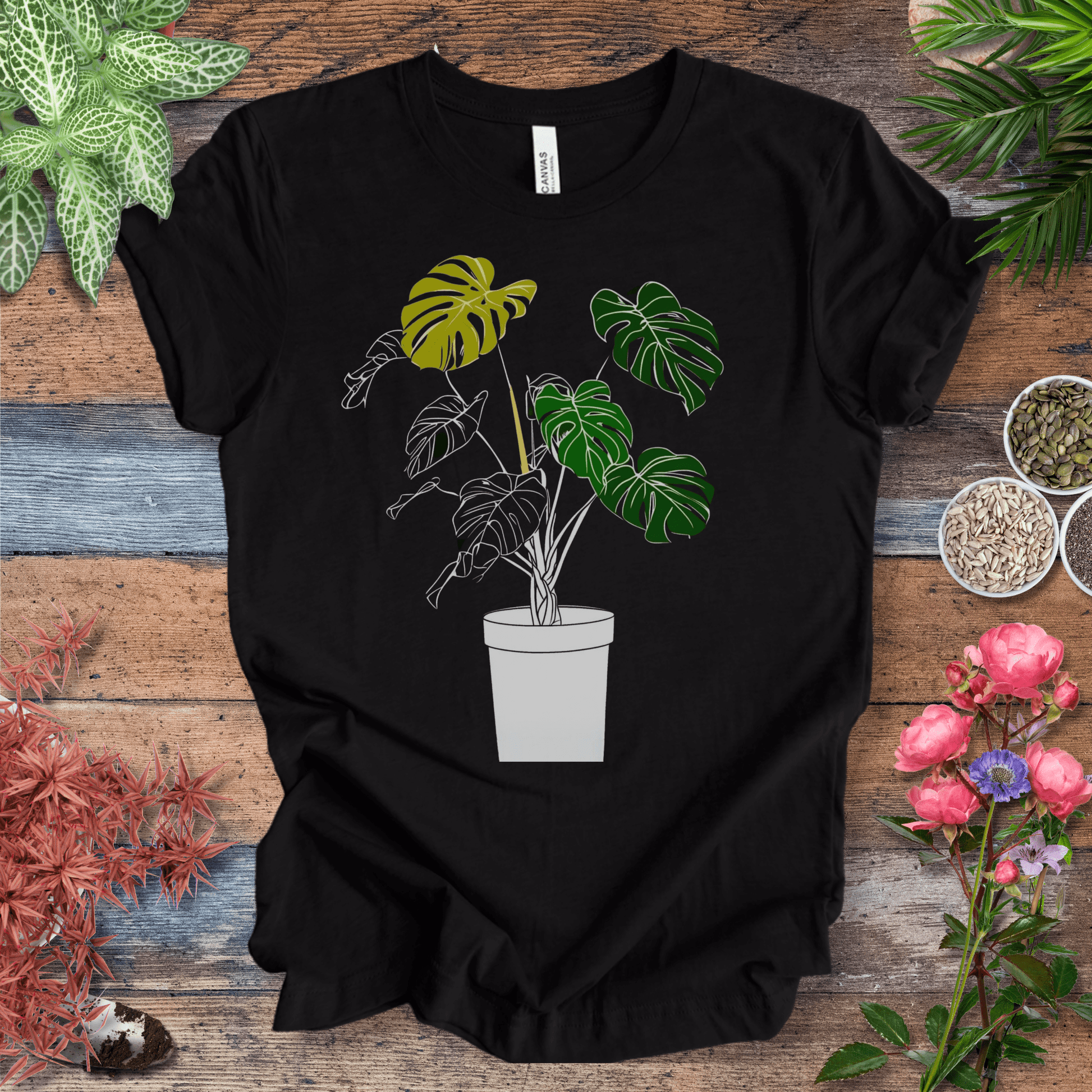 Printify T-Shirt Black Heather / S Monstera Line Art Potted Plant T-Shirt