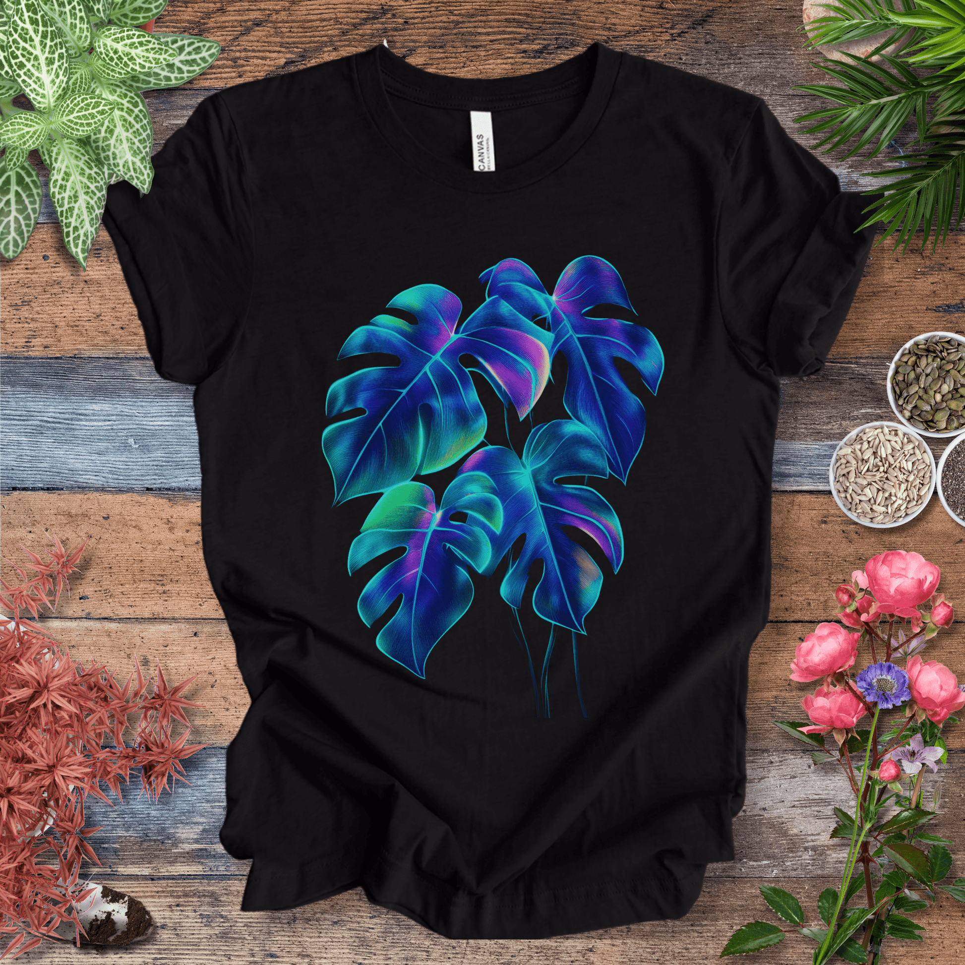 Printify T-Shirt Black Heather / S Neon Rainbow Monstera Jungle Aesthetic Plant Lover T-Shirt