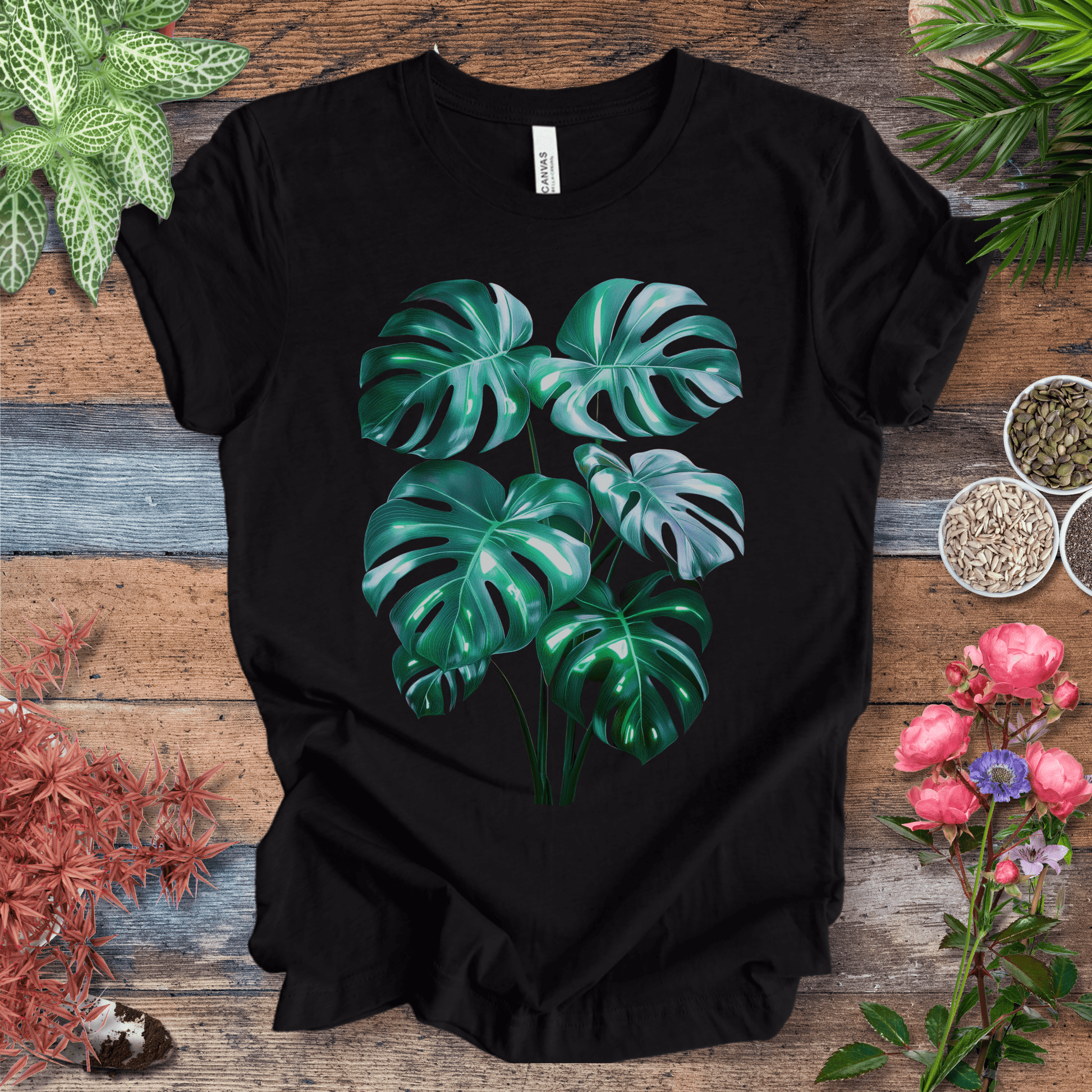 Printify T-Shirt Black Heather / S Shiny Monstera Leaf Jungle Aesthetic Plant Lover T-Shirt