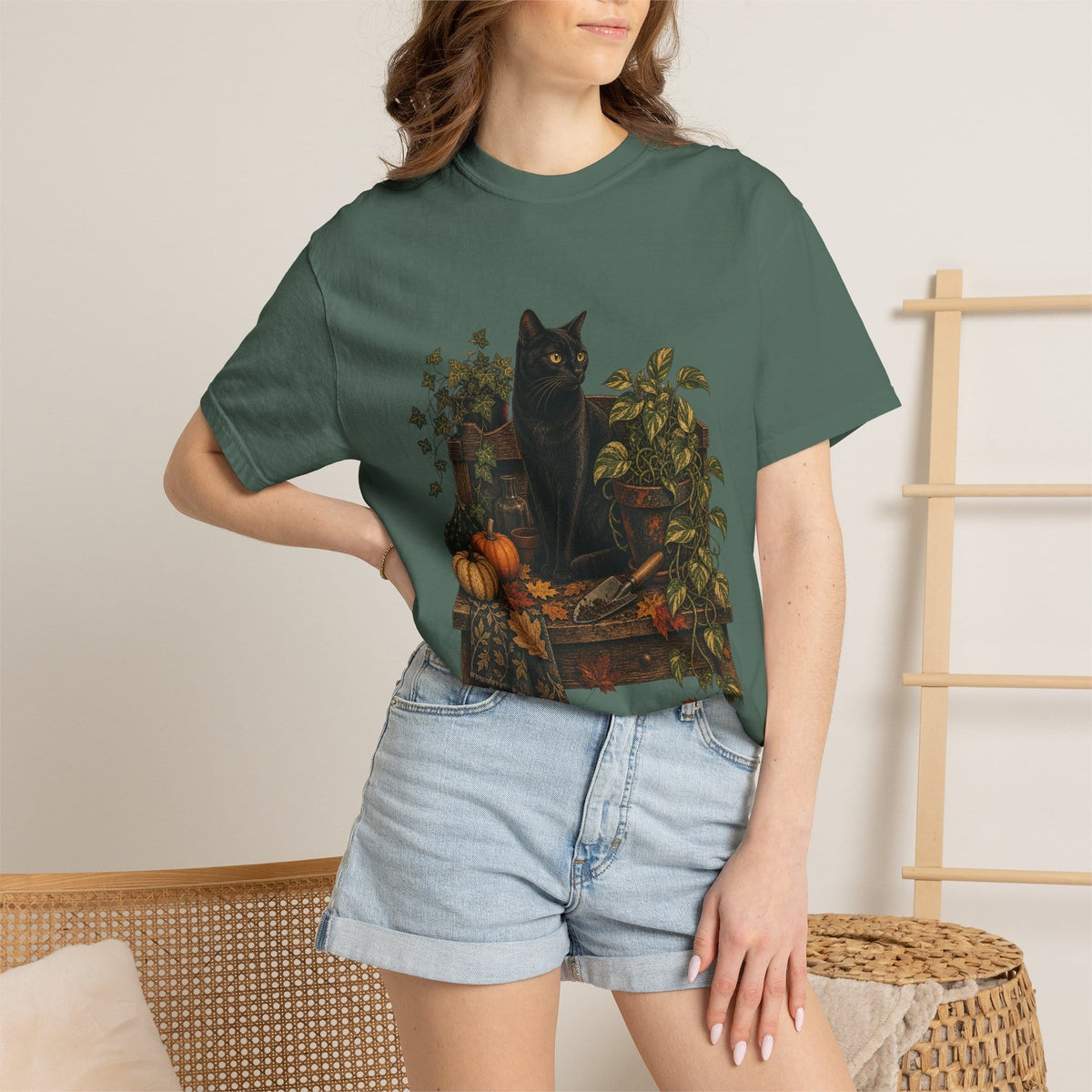 Botanical Vibes T-Shirt Blue Jean / S Black Cat Potting Bench T-Shirt - Fall Houseplant Art