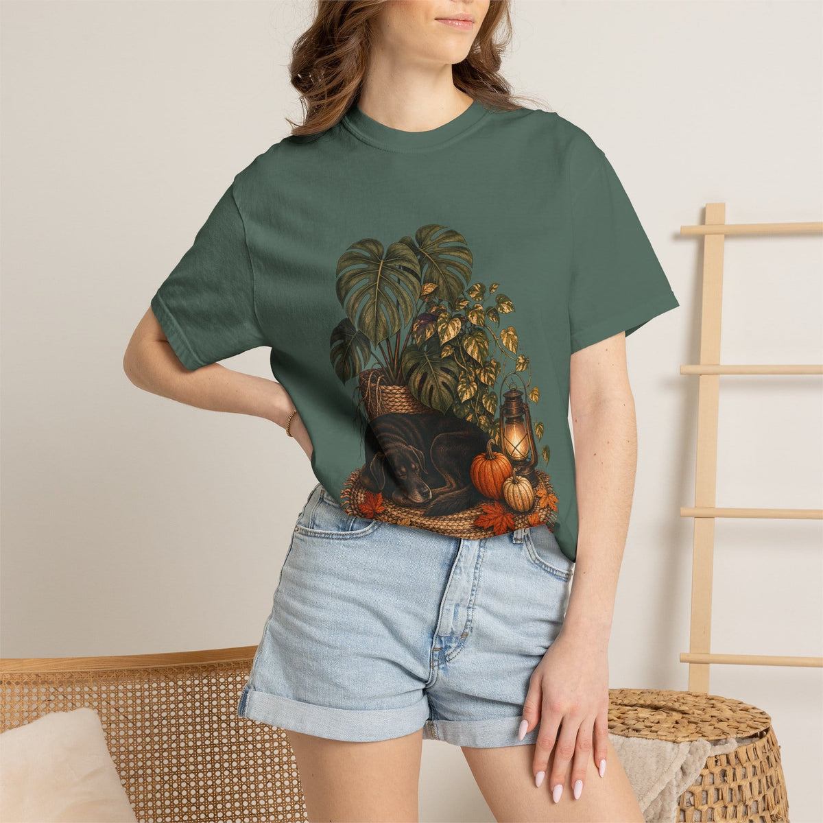 Botanical Vibes T-Shirt Blue Jean / S Cozy Dog and Houseplants T-Shirt - Autumn Plant Art