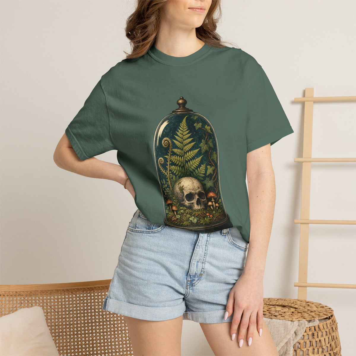Botanical Vibes T-Shirt Blue Jean / S Skull Terrarium Fern T-Shirt - Gothic Houseplant Art