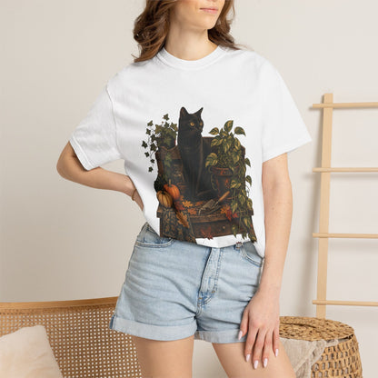 Botanical Vibes T-Shirt Blue Spruce / S Black Cat Potting Bench T-Shirt - Fall Houseplant Art