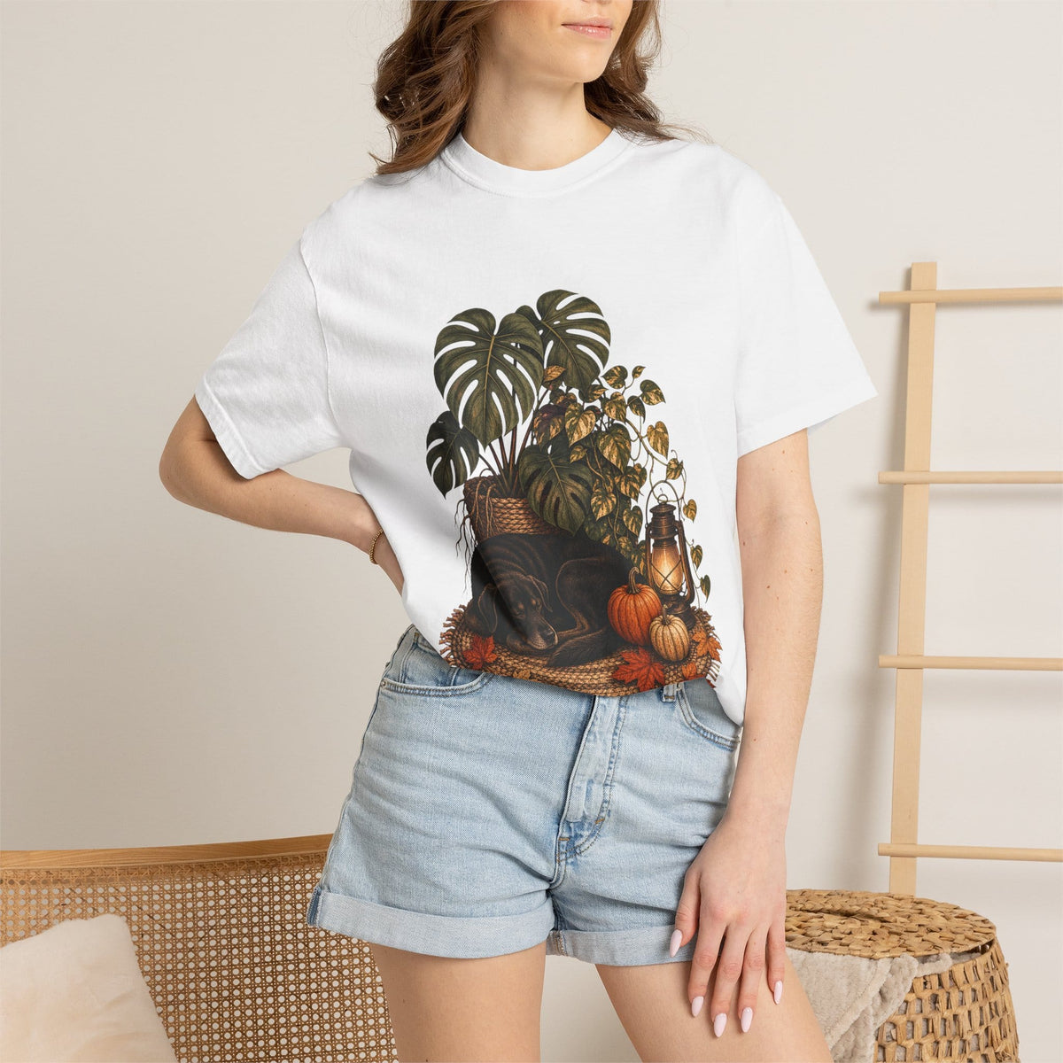 Botanical Vibes T-Shirt Blue Spruce / S Cozy Dog and Houseplants T-Shirt - Autumn Plant Art