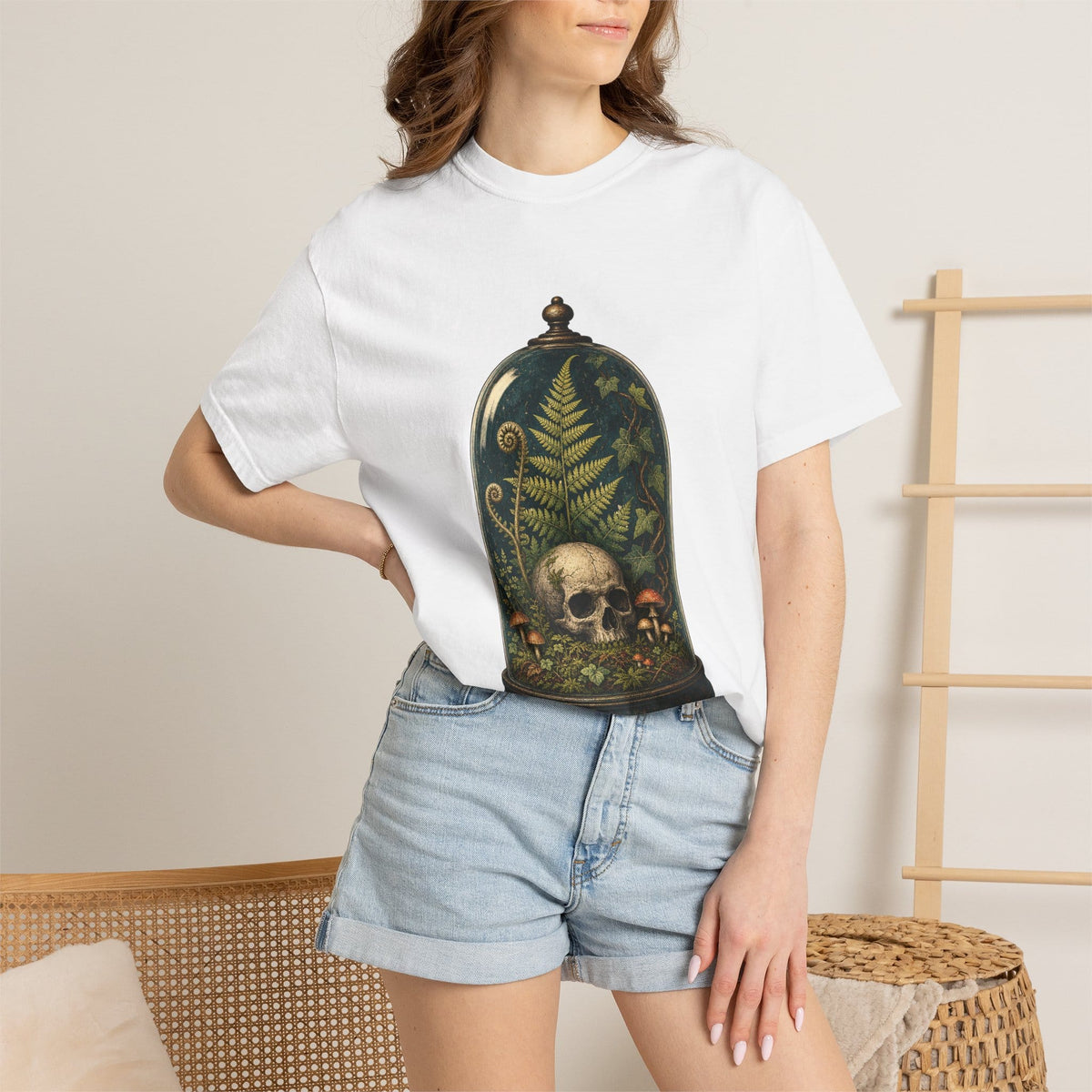 Botanical Vibes T-Shirt Blue Spruce / S Skull Terrarium Fern T-Shirt - Gothic Houseplant Art