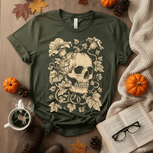 Printify T-Shirt Botanical Skull & Pumpkin Vines Shirt – Halloween | Unisex Cotton