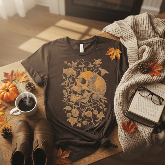 Printify T-Shirt Botanical Skull & Vines Halloween Shirt – Unisex Cotton