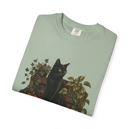 Botanical Vibes T-Shirt Chambray / S Black Cat Potting Bench T-Shirt - Fall Houseplant Art