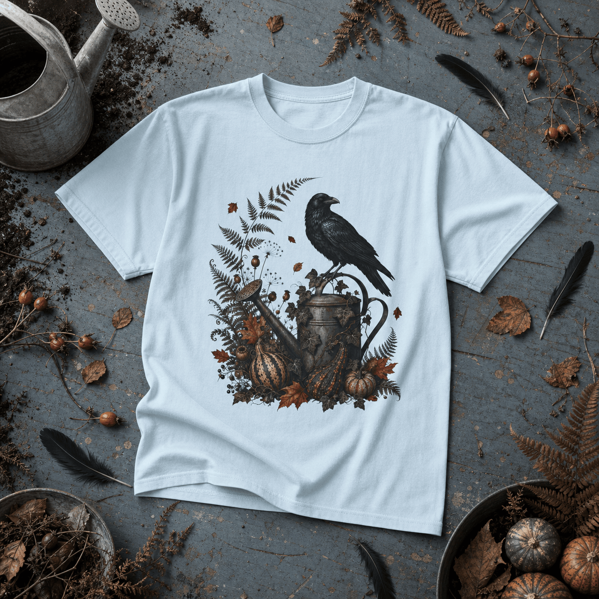 Botanical Vibes T-Shirt Chambray / S Raven Watering Can T-Shirt - Gothic Garden Art