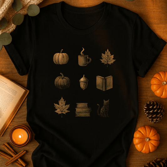 Printify T-Shirt Cozy Fall Icons Shirt – Pumpkin, Coffee & Cat Tee | Unisex