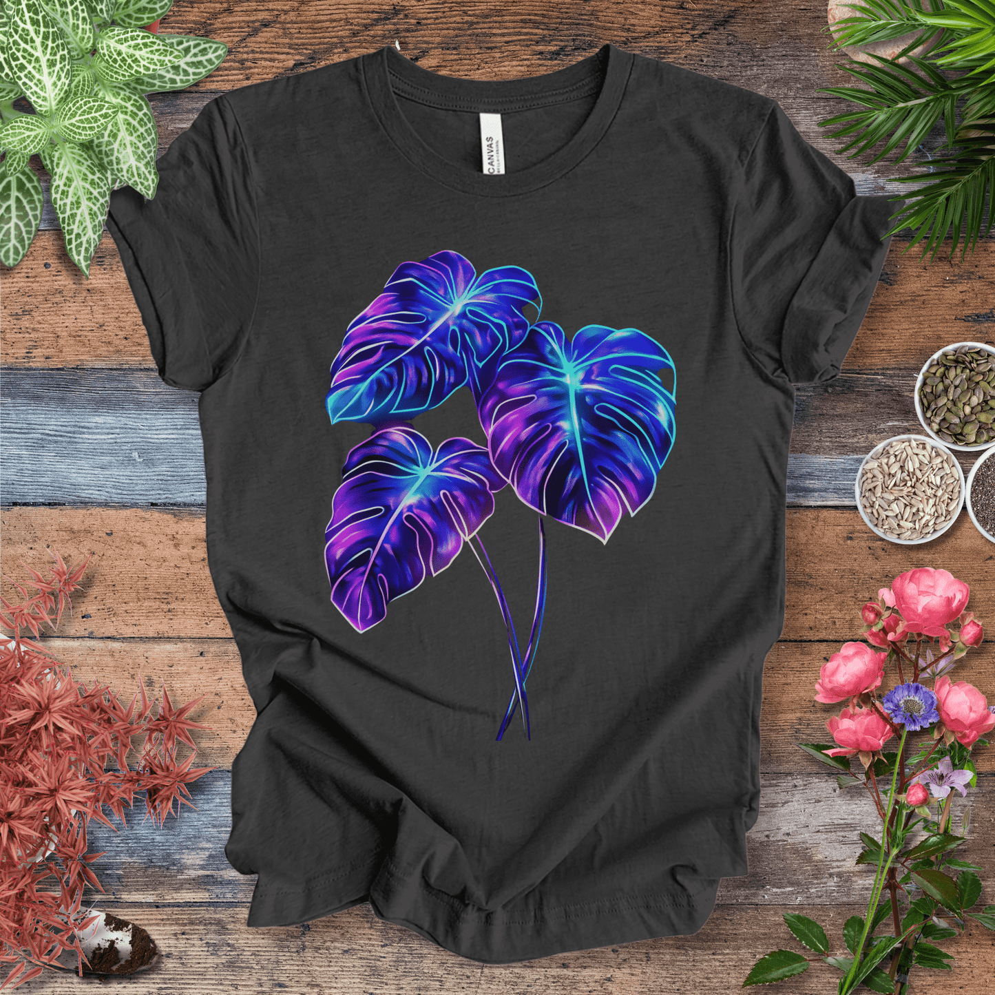 Printify T-Shirt Dark Grey Heather / S Bioluminescent Monstera Jungle Plant Lover Aesthetic T-Shirt