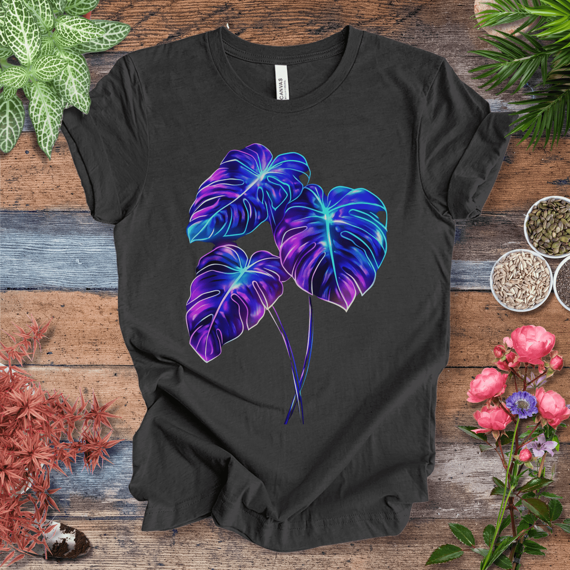 Printify T-Shirt Dark Grey Heather / S Bioluminescent Monstera Jungle Plant Lover Aesthetic T-Shirt