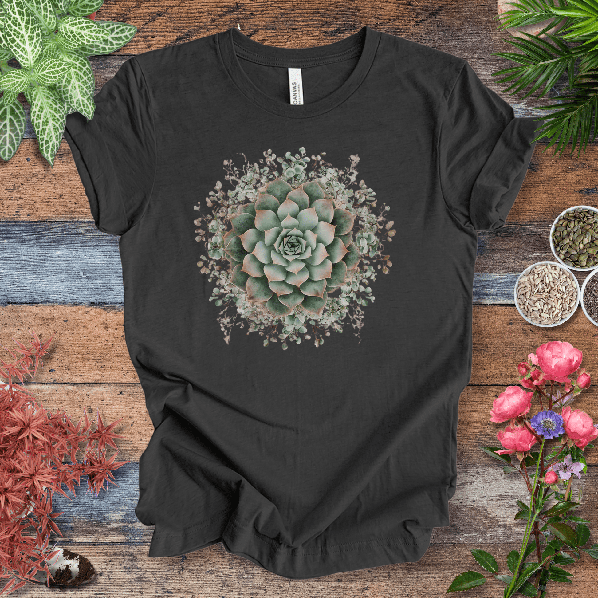 Printify T-Shirt Dark Grey Heather / S Elegant Succulent Bloom T-Shirt
