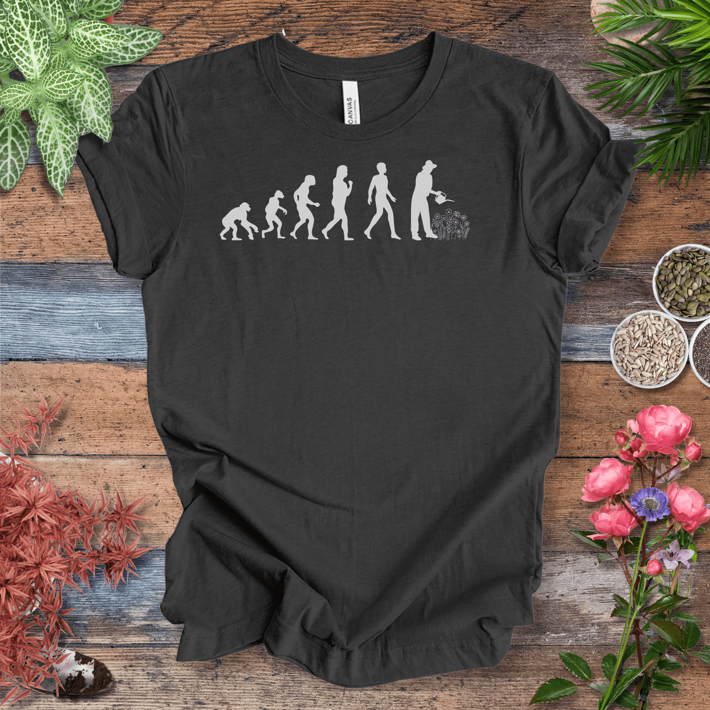 Printify T-Shirt Dark Grey Heather / S Evolution of a Gardener (Flowers) | Playful Plant Lover Tee