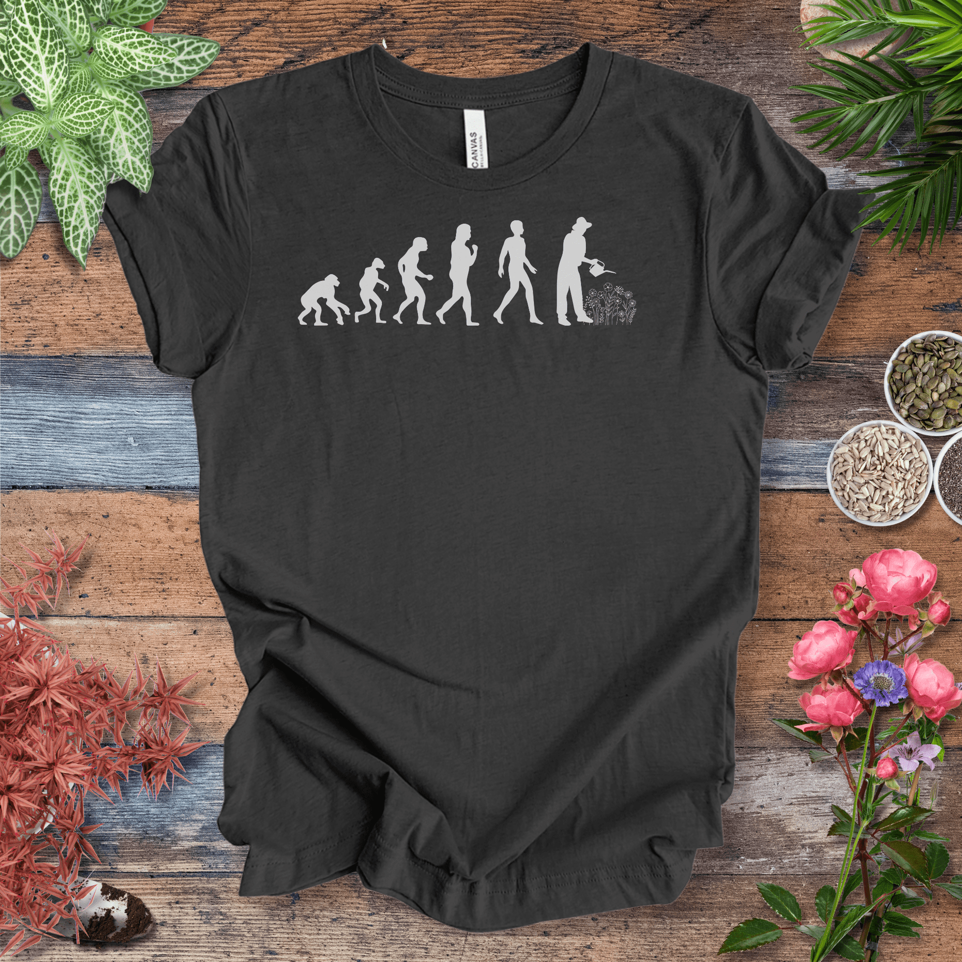 Printify T-Shirt Dark Grey Heather / S Evolution of a Gardener (Flowers) | Playful Plant Lover Tee