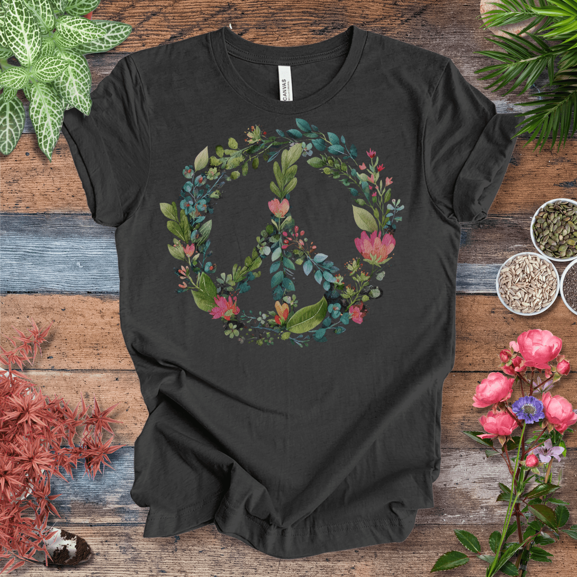 Printify T-Shirt Dark Grey Heather / S Floral Peace Sign T-Shirt – Watercolor Green & Pink Botanical Wreath | Plant Lover Graphic Tee, Eco Cotton Unisex Shirt