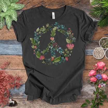 Printify T-Shirt Dark Grey Heather / S Floral Peace Sign T-Shirt – Watercolor Green & Pink Botanical Wreath | Plant Lover Graphic Tee, Eco Cotton Unisex Shirt