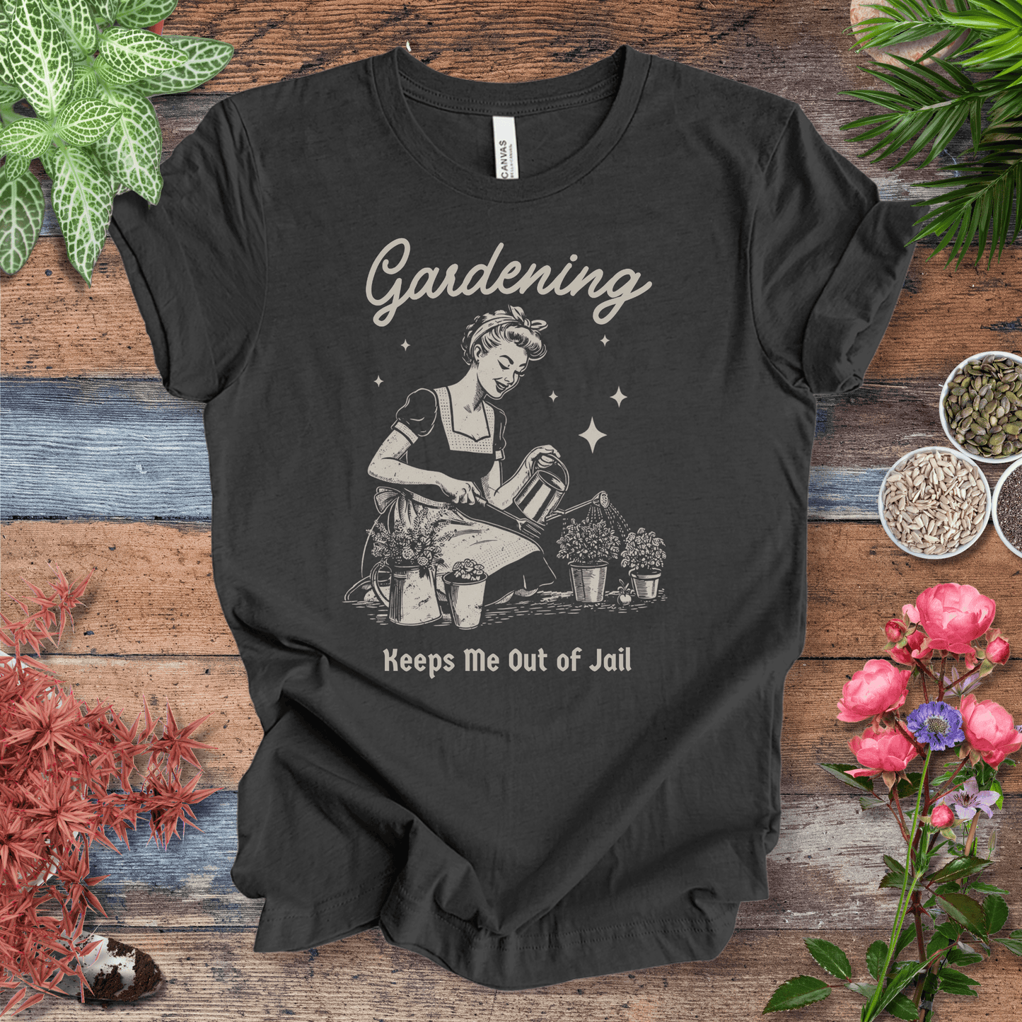 Printify T-Shirt Dark Grey Heather / S Gardening T-Shirt – “Keeps Me Out Of Jail” Funny Gardener Tee
