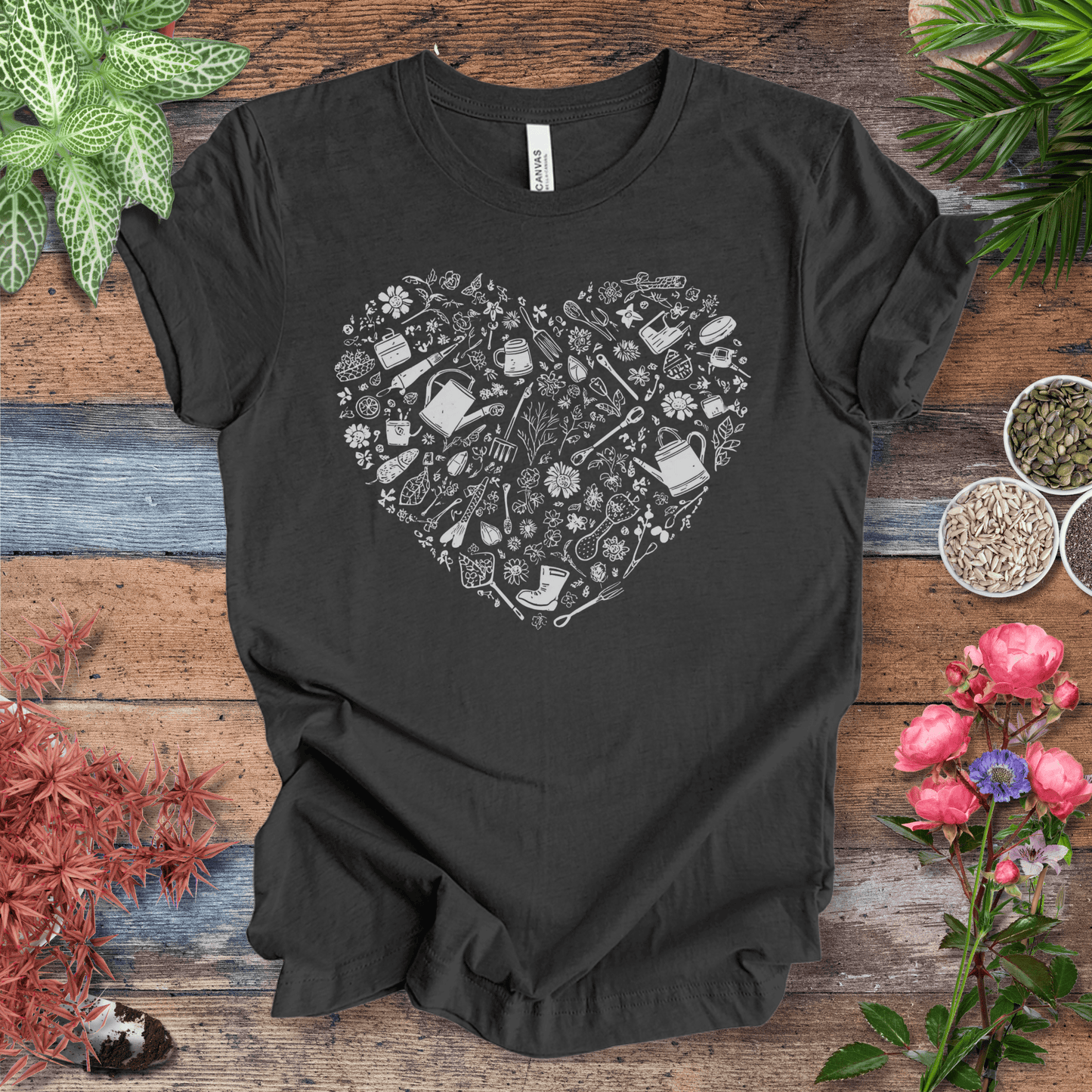 Printify T-Shirt Dark Grey Heather / S Gardening Tools T-Shirt – Botanical Garden Tools Heart Graphic Tee