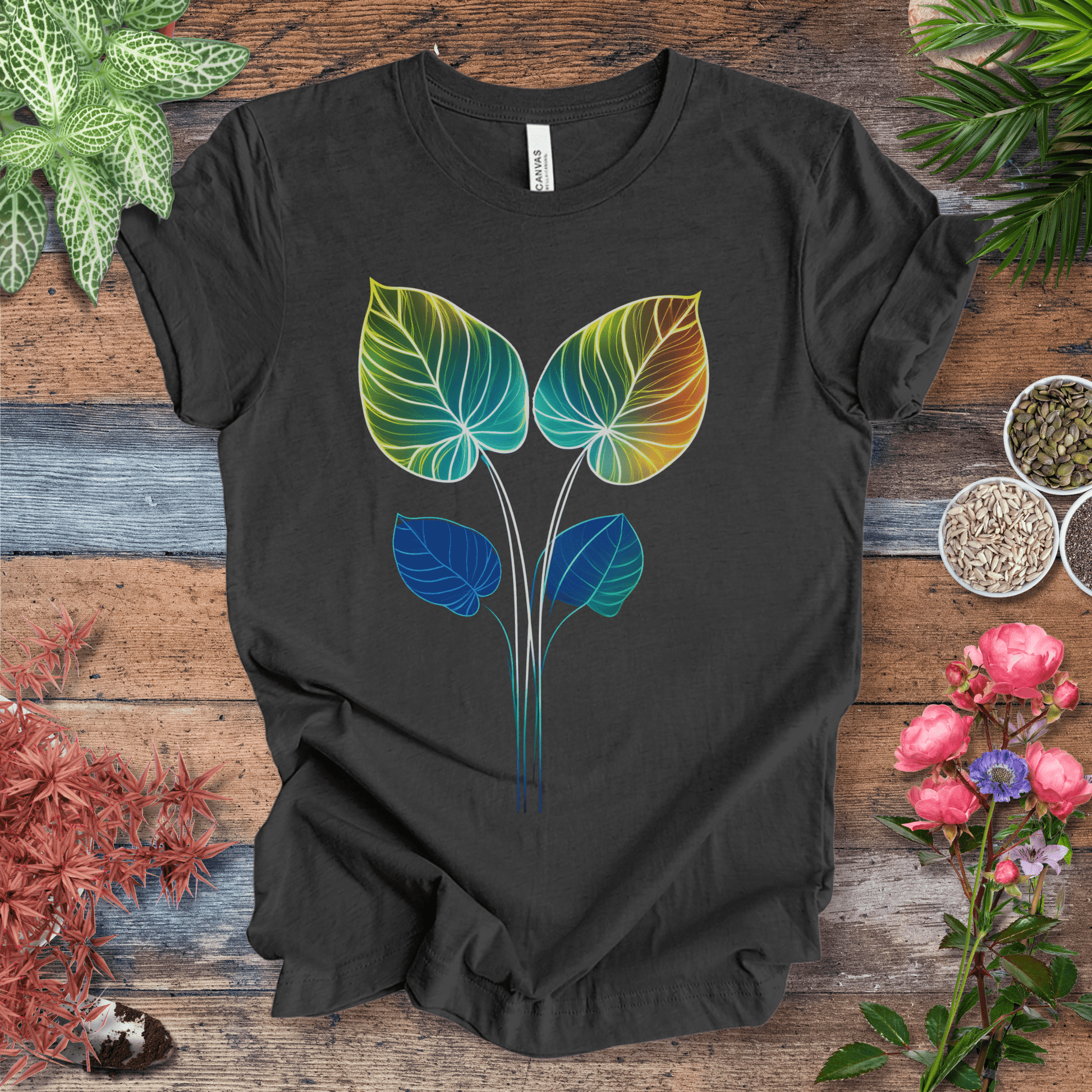 Printify T-Shirt Dark Grey Heather / S Glowing Futuristic Leaves Botanical Nature Lover T-Shirt