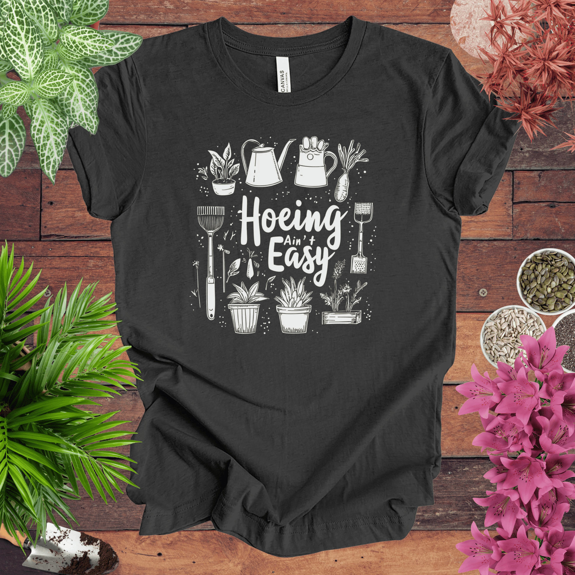 Printify T-Shirt Dark Grey Heather / S Hoeing Ain’t Easy Gardening Tools T-Shirt
