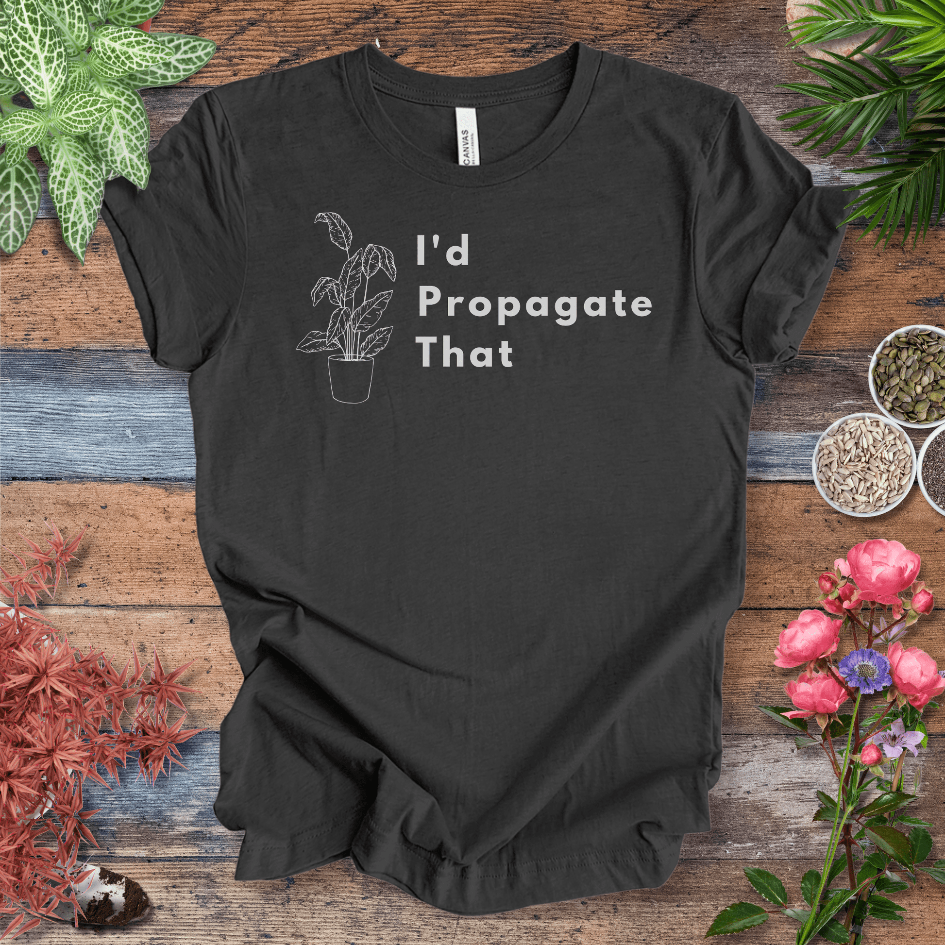 Printify T-Shirt Dark Grey Heather / S I’d Propagate That – Caladium Outline | Minimalist Plant Tee