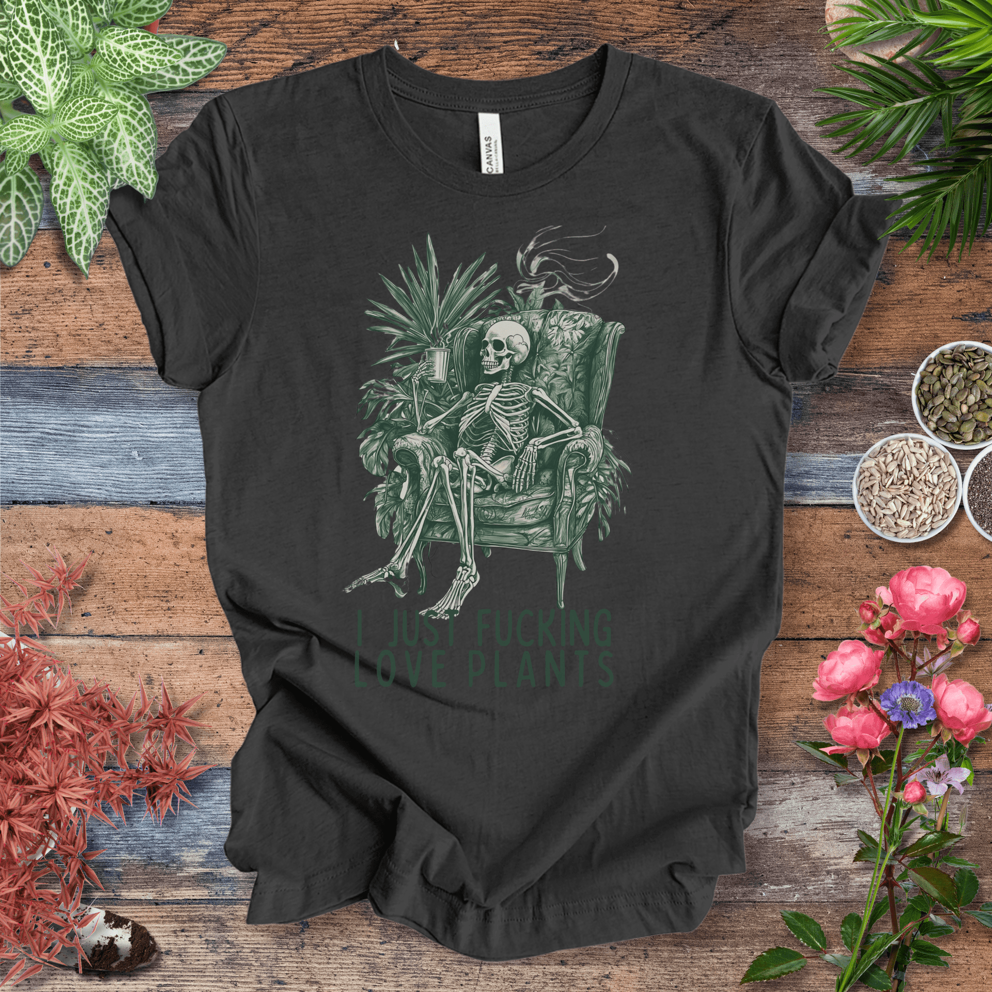 Printify T-Shirt Dark Grey Heather / S I Just Love Plants Skeleton T-Shirt