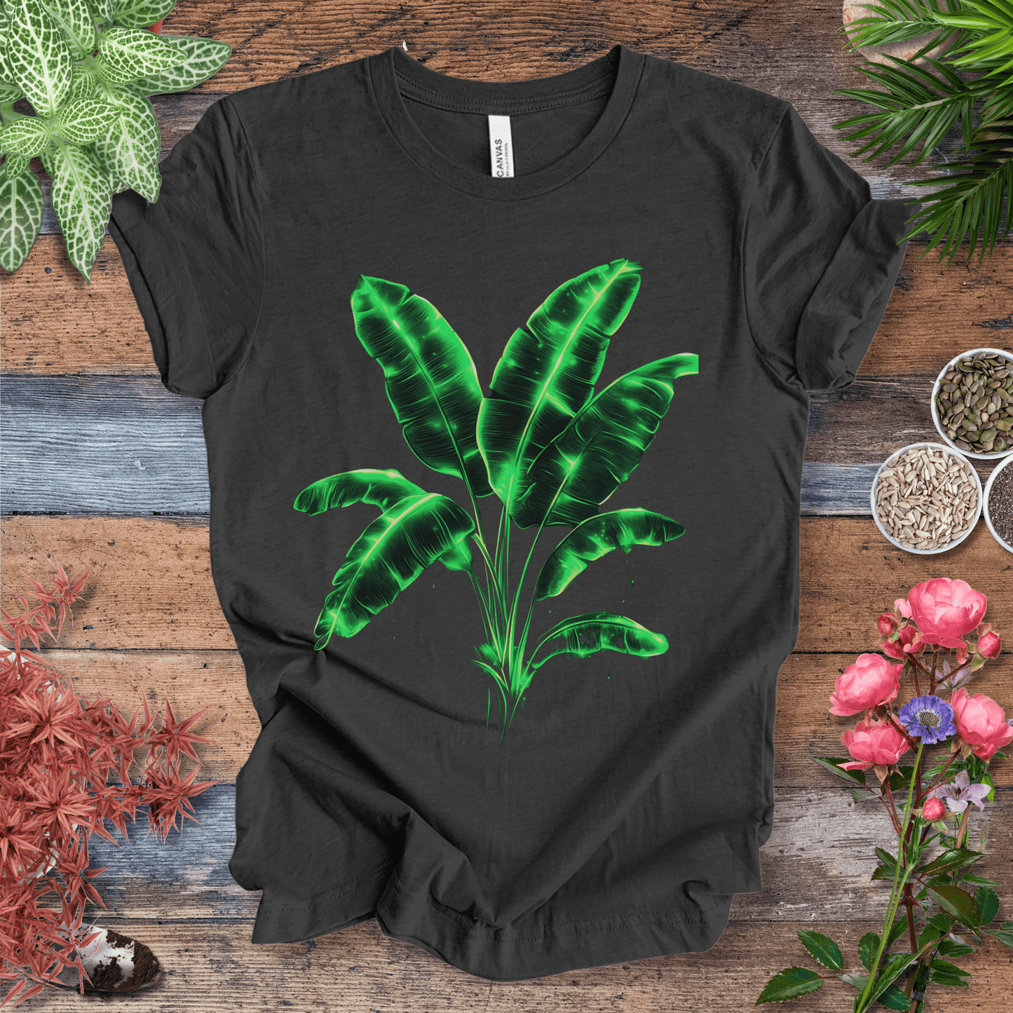 Printify T-Shirt Dark Grey Heather / S Neon Glow Banana Leaves Plant Lover Aesthetic T-Shirt