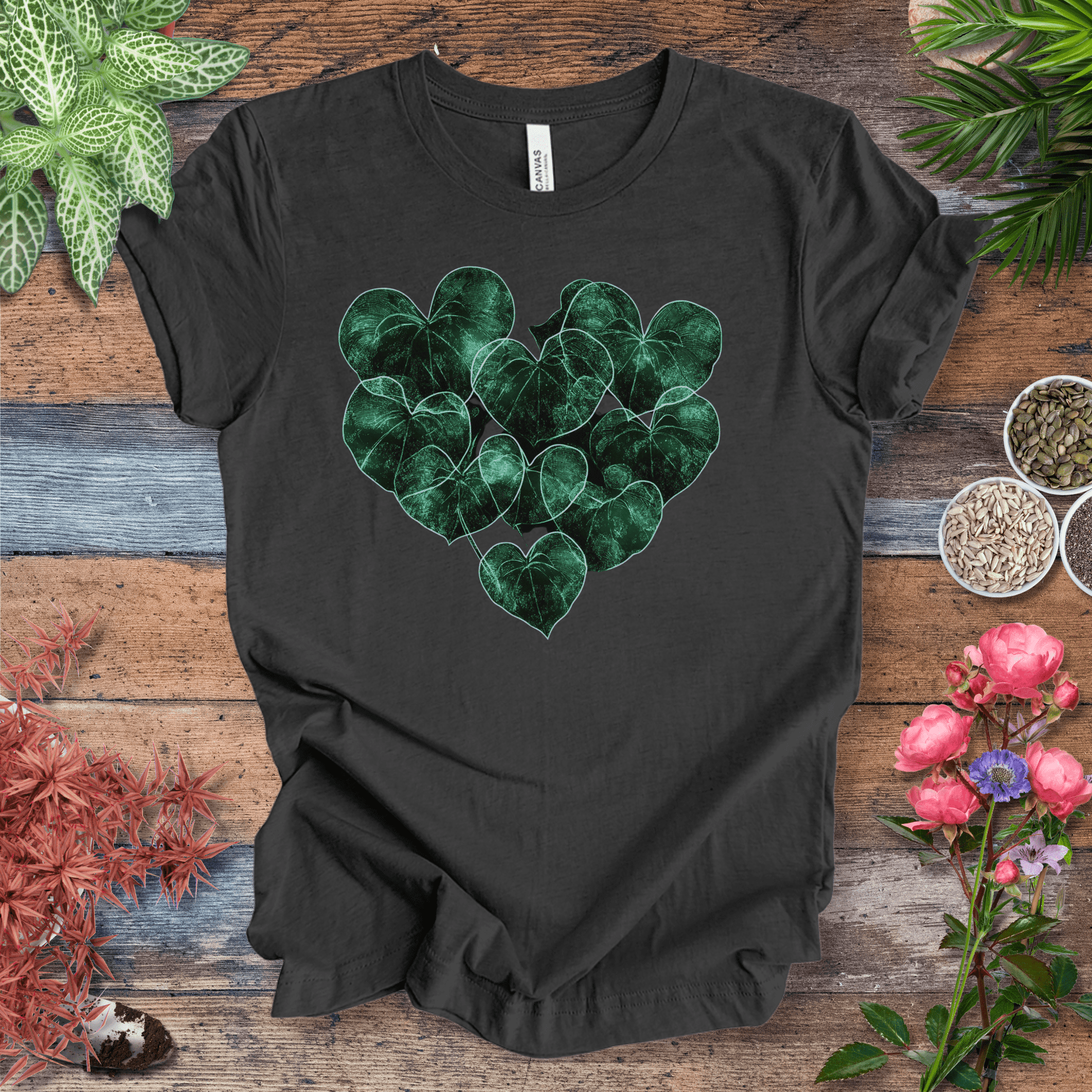 Printify T-Shirt Dark Grey Heather / S Neon Heart-Shaped Leaves Plant Parent Aesthetic T-Shirt