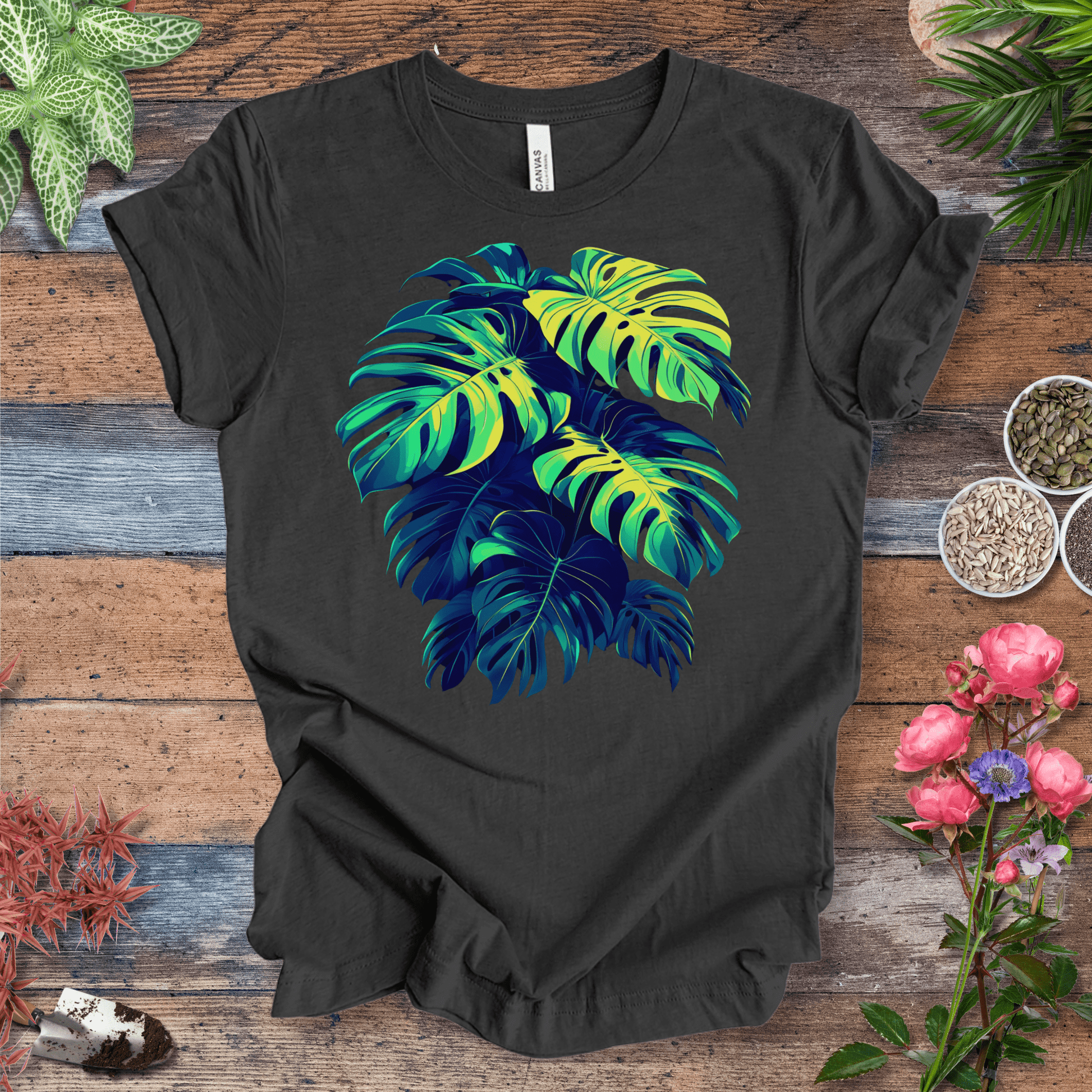 Printify T-Shirt Dark Grey Heather / S Neon Monstera Leaves T-Shirt