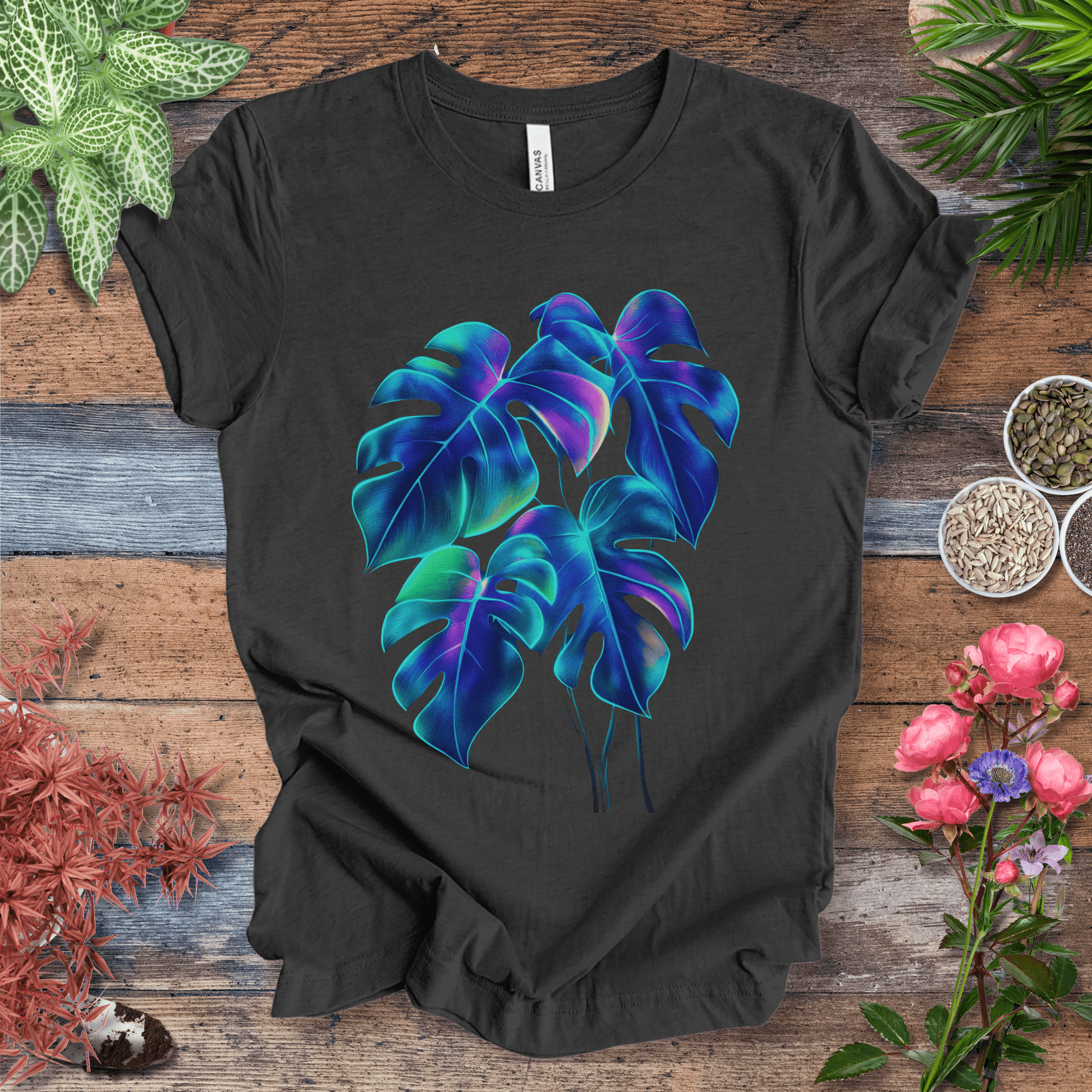 Printify T-Shirt Dark Grey Heather / S Neon Rainbow Monstera Jungle Aesthetic Plant Lover T-Shirt