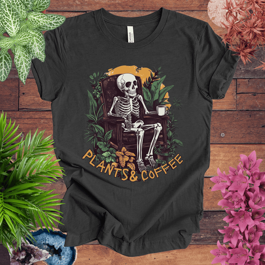 Printify T-Shirt Dark Grey Heather / S Plants & Coffee Skeleton T-Shirt
