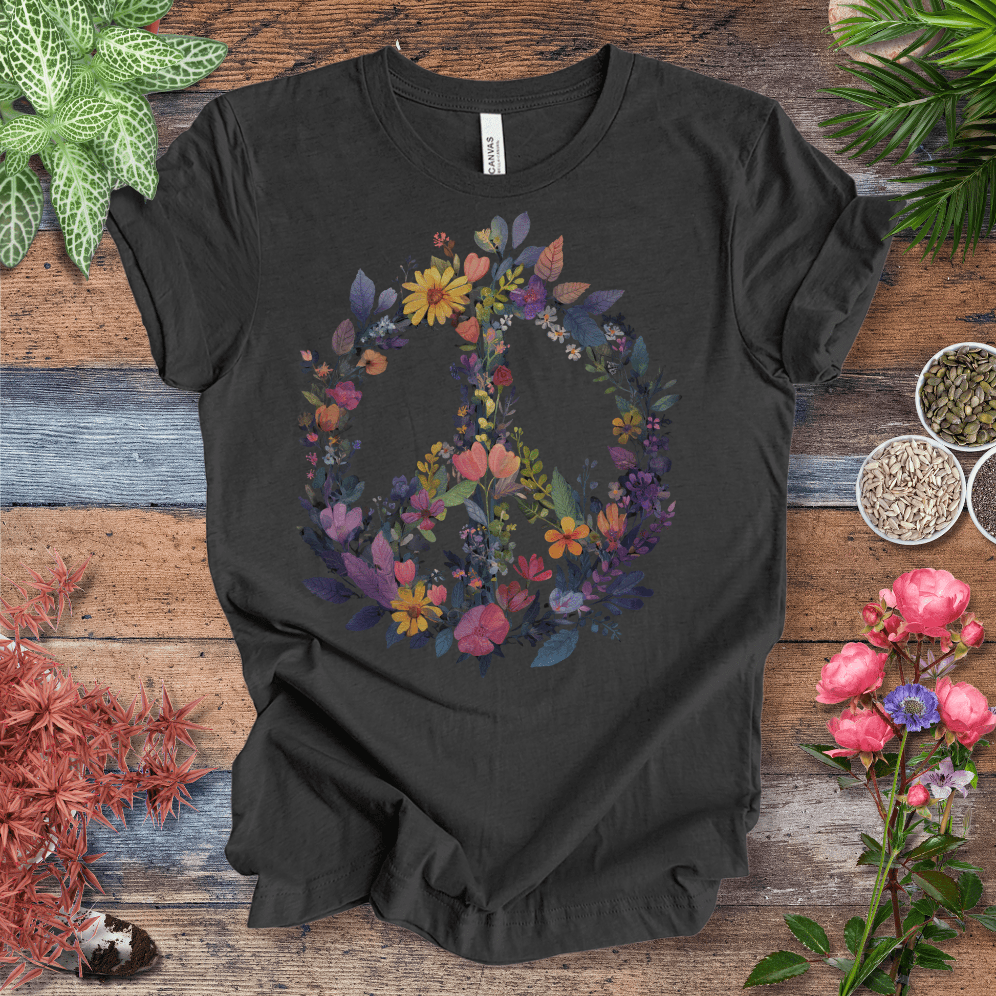 Printify T-Shirt Dark Grey Heather / S Rainbow Peace Sign Floral T-Shirt – Pastel Garden Wreath Tee | Eco-Friendly Plant Lover Gift | Sustainable Unisex Tee