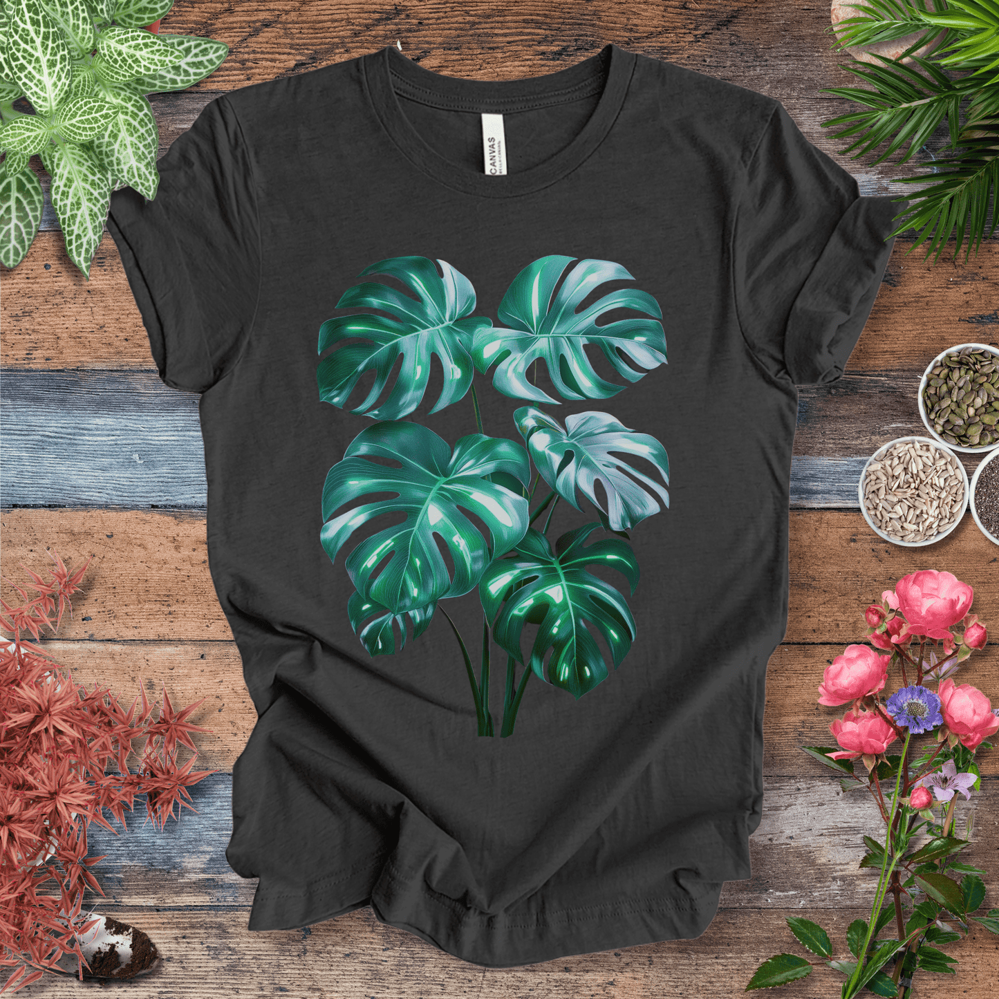 Printify T-Shirt Dark Grey Heather / S Shiny Monstera Leaf Jungle Aesthetic Plant Lover T-Shirt