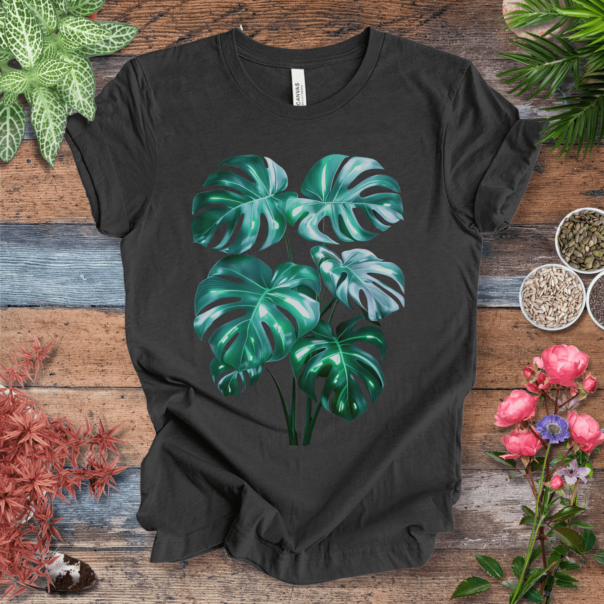 Printify T-Shirt Dark Grey Heather / S Shiny Monstera Leaf Jungle Aesthetic Plant Lover T-Shirt