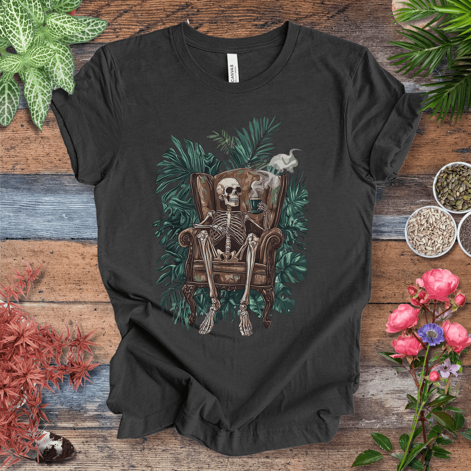 Printify T-Shirt Dark Grey Heather / S Skeleton Sip Jungle Vibes T-Shirt