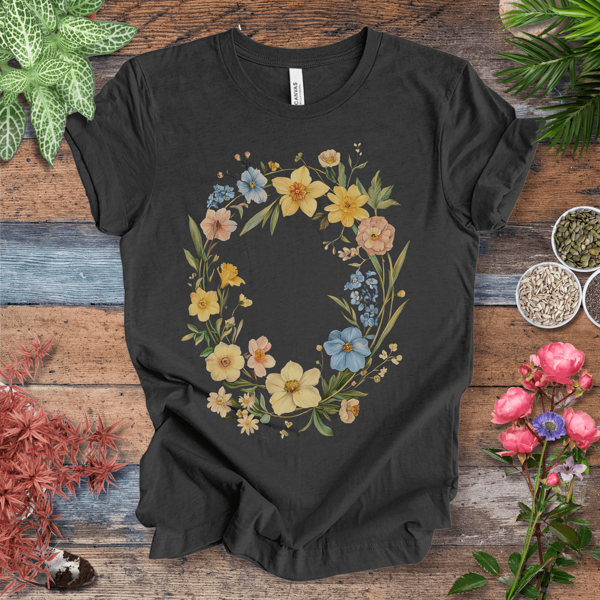 Printify T-Shirt Dark Grey Heather / S Spring Meadow Floral Wreath T-Shirt