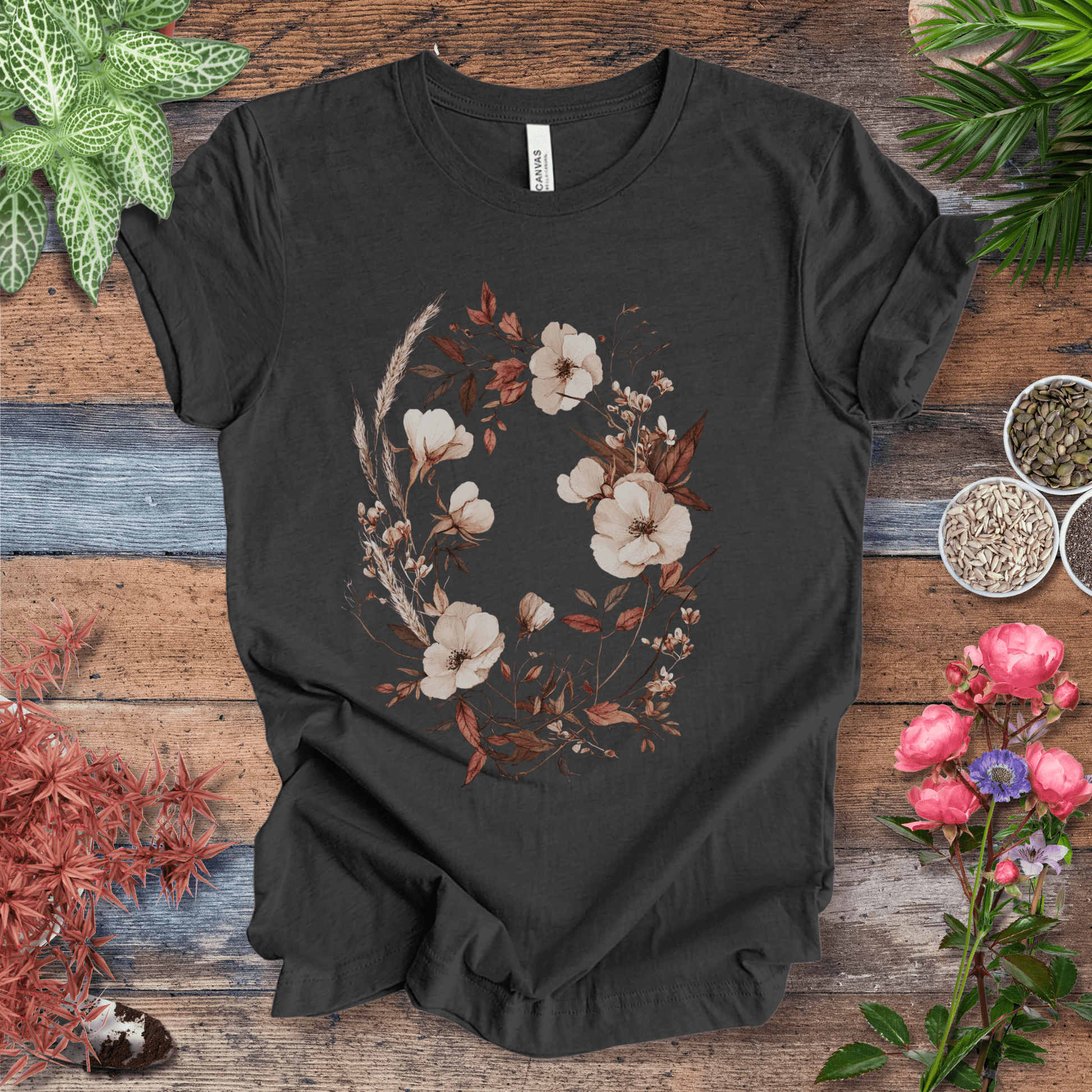 Printify T-Shirt Dark Grey Heather / S Vintage Floral Wreath Botanical T-Shirt