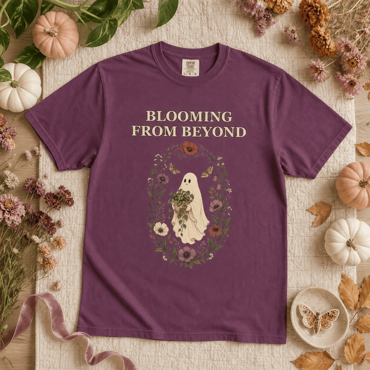 Botanical Vibes T-Shirt Floral Ghost Halloween Shirt - Cottagecore Plant Tee