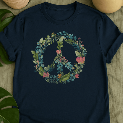 Printify T-Shirt Floral Peace Sign T-Shirt – Watercolor Green & Pink Botanical Wreath | Plant Lover Graphic Tee, Eco Cotton Unisex Shirt