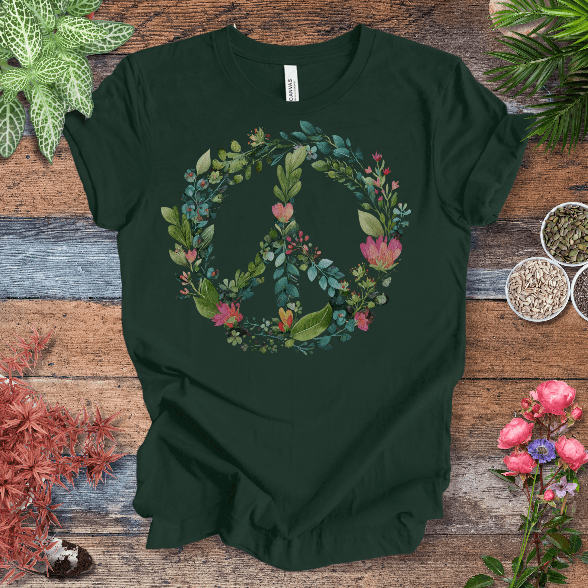 Printify T-Shirt Forest / S Floral Peace Sign T-Shirt – Watercolor Green & Pink Botanical Wreath | Plant Lover Graphic Tee, Eco Cotton Unisex Shirt