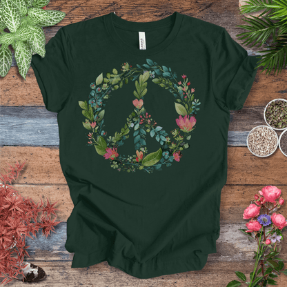 Printify T-Shirt Forest / S Floral Peace Sign T-Shirt – Watercolor Green & Pink Botanical Wreath | Plant Lover Graphic Tee, Eco Cotton Unisex Shirt