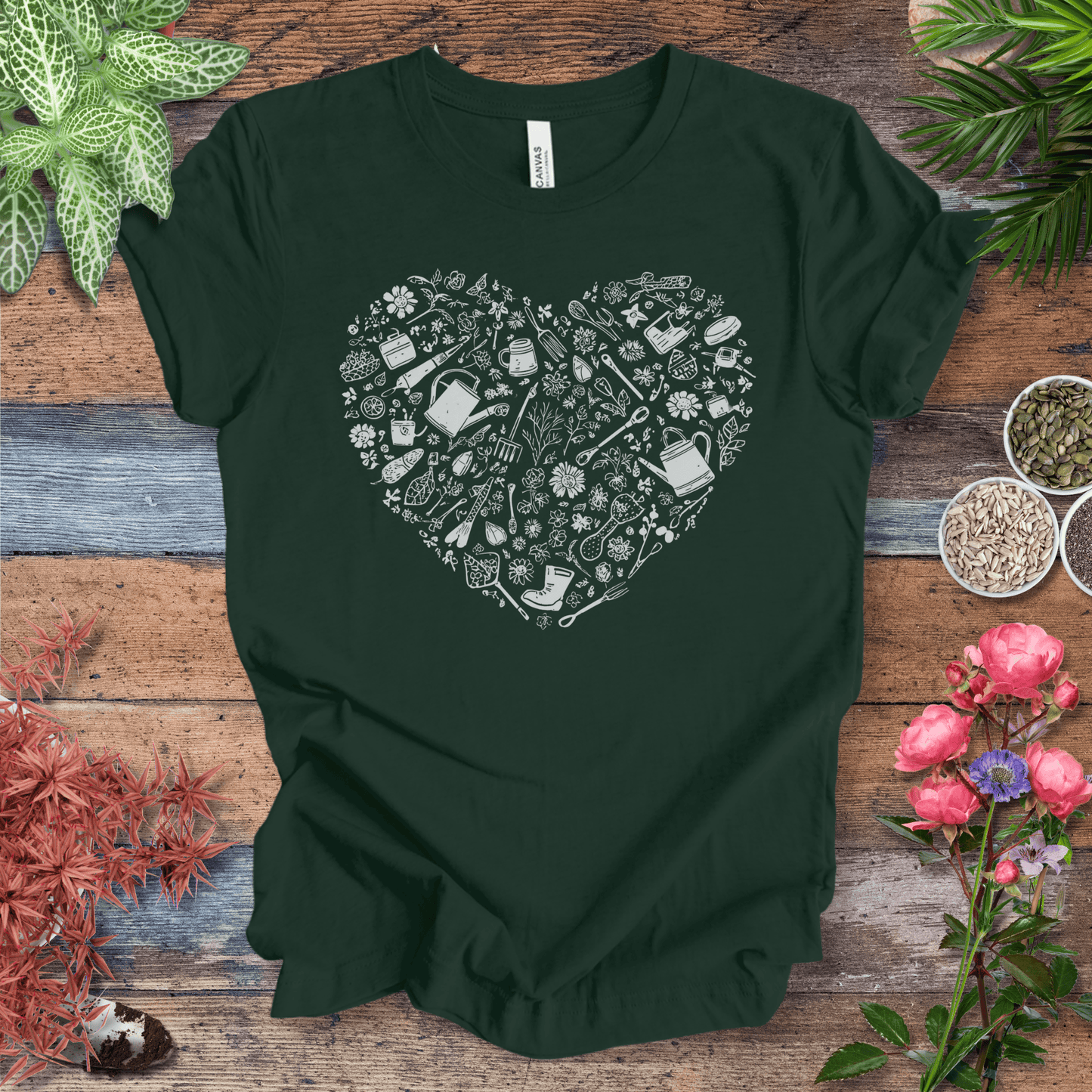 Printify T-Shirt Forest / S Gardening Tools T-Shirt – Botanical Garden Tools Heart Graphic Tee